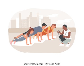 Grupo de treinamento ilustrações isoladas do vetor de desenhos animados. Grupo de jovens musculosos têm exercício de rua com um instrutor de fitness, motivação de musculação, atividade física vetor cartoon.