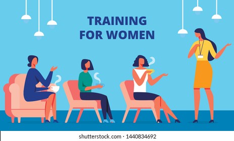 Training for Happy Women. Training Manager Communicate with Client. Vector Illustration. Room with Blue Interior. Women Sitting One After Another on Chair. Lead Discussion. Psychology Development.