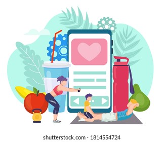 Training at home concept, fitness vector illustration. Parents and kid doing sport exercises, training at home in front of phone app for sportive workout. Stay home and keep fit. Healthy activity.