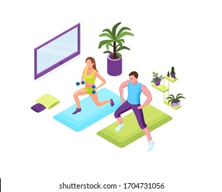 Training at home people, man and woman doing fitness in domestic room during quarantine period, 3d isometric illustration of sport exercises