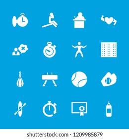 Training icon. collection of 16 training filled icons such as field, teacher, stopwatch, rowing, baseball glove, tennis ball. editable training icons for web and mobile.