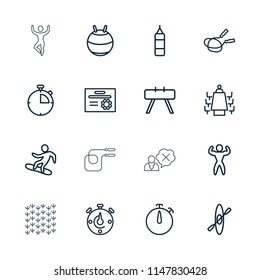 Training icon. collection of 16 training outline icons such as jump rope, boxing bag, fit ball, fitness equipment, meeting. editable training icons for web and mobile.