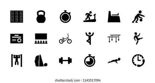 Training icon. collection of 18 training filled icons such as field, barbell, bar   tightening, basketball player, bicycle. editable training icons for web and mobile.