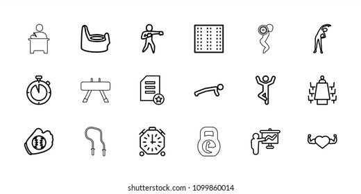 Training icon. collection of 18 training outline icons such as field, baby potty, exercising, teacher, man doing exercises. editable training icons for web and mobile.