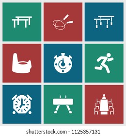 Training icon. collection of 9 training filled icons such as baby potty, jump rope, running, stopwatch, horizontal bar. editable training icons for web and mobile.