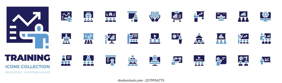 Training icon collection. Bold style. Duotone colors. presentation, conference, traffic, training, finance, trainingcourse, teaching, lecture, coach.