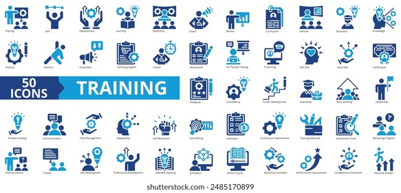 Training icon collection set. Containing development, learning, workshop, coach, mentor, curriculum, seminar icon. Simple flat vector illustration.