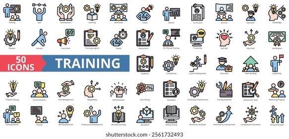 Training icon collection set. Containing development, learning, workshop, coach, mentor, curriculum, seminar icon. Simple flat outline color illustration