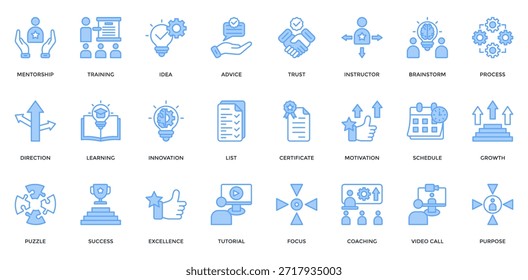 Conjunto de colección de icono de entrenamiento. Contiene tutoría, capacitación, idea, confianza, aprendizaje, innovación, tutorial, icono de coaching. Vector azul lineal simple