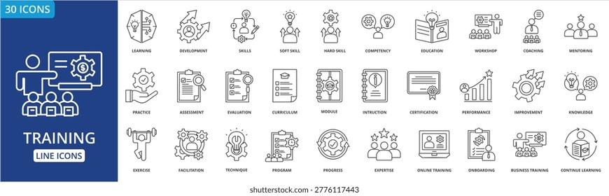Training icon collection set. Containing learning, development,  skills, soft skills, competency, education, workshop, coaching,mentoring, practice, assessmenticon.  simple line vector.	