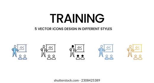 Training Icon Design in Five style with Editable Stroke. Line, Solid, Flat Line, Duo Tone Color, and Color Gradient Line. Suitable for Web Page, Mobile App, UI, UX and GUI design.