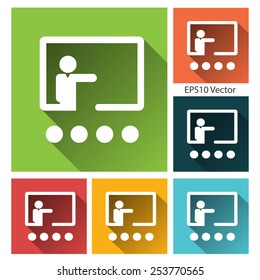 Training icon - long shadow flat set. EPS 10 vector.