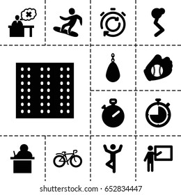 Training icon. set of 13 filled trainingicons such as field, bicycle, teacher, snowboard, baseball glove, stopwatch, man doing exercises