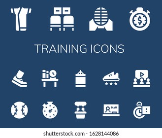 training icon set. 14 filled training icons. Included Kimono, Waiting room, Martial arts, Stopwatch, Tennis, Running, Bookshelf, Presentation, Punching ball, Blackboard icons