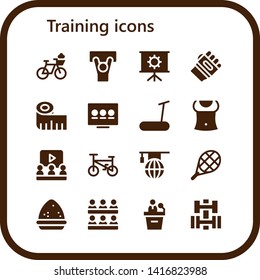 training icon set. 16 filled training icons.  Simple modern icons about  - Bicycle, Demonstration, Presentation, Karate, Measuring tape, Treadmill, Abs, Learning, Tennis, Powder