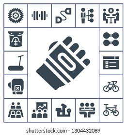 training icon set. 17 filled training icons.  Simple modern icons about  - Bicycle, Abs, Treadmill, Karate, Boxing gloves, Dumbbell, Learning, Meeting, Training, Chest expander