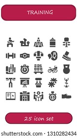 training icon set. 25 filled training icons.  Simple modern icons about  - Martial arts, Bench press, Meeting, Punching ball, Exercise, Dumbbell, Champion belt, Gym station, Esteem