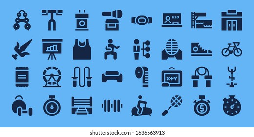 training icon set. 32 filled training icons. on blue background style Simple modern icons such as: Barbell, Martial arts, Powder, Weightlifting, Handlebar, Presentation, Hamster wheel