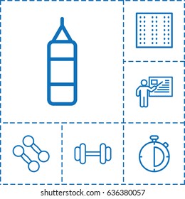 Training icon. set of 6 training outline icons such as field, barbell, teacher, stopwatch, dumbbell