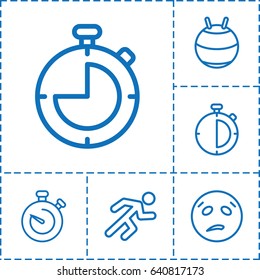 Training icon. set of 6 training outline icons such as running, stopwatch, sweating emot