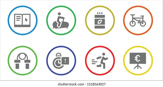 training icon set. 8 filled training icons.  Collection Of - Learning, Jumping rope, Stationary bike, Stopclock, Vitamins, Runner, Bicycle, Presentation icons