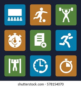 training icon. Set of 9 training filled icons such as bar   tightening, running, football player, power lifter, stopwatch, classroom