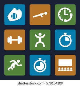 training icon. Set of 9 training filled icons such as barbell, push up, squat, running, baseball glove, stopwatch