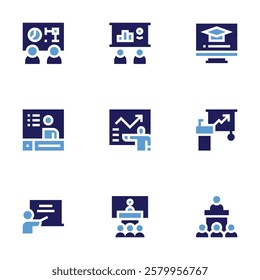 Training icon set. Bold style. Duotone colors. teacher, learning, finance, conference, training, videopresentation, presentation, lecture.