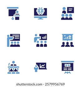 Training icon set. Bold style. Duotone colors. presentation, training, teaching, reading, coach, mentoring.