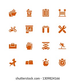 training icon set. Collection of 16 filled training icons included Chronometer, Stop watch, Gym, Bench press, Running, Lift, Gloves, Gym bag, Skills, Sash, Presentation, Bicycle