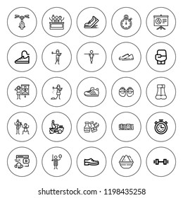 Training icon set. collection of 25 outline training icons with bicycle, bottles ball, chronometer, boxing, bookshelf, conference, dumbbell, fitness icons. editable icons.