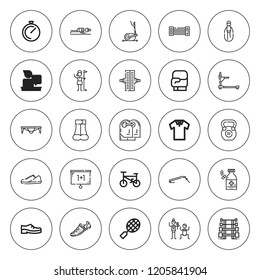 Training icon set. collection of 25 outline training icons with barbell, bicycle, chest expander, boxing gloves, chronometer, elliptical, fitness bench icons. editable icons.