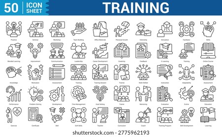 Training  icon set collection editable stroke concept of, practice, seminar, workshop, team building, office materials, personal growth, internship, simulation, and more. Illustration Eps 10
