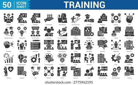 Training  icon set collection editable stroke concept of, practice, seminar, workshop, team building, office materials, personal growth, internship, simulation, and more. Illustration Eps 10