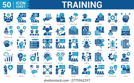 Training  icon set collection editable stroke concept of, practice, seminar, workshop, team building, office materials, personal growth, internship, simulation, and more. Illustration Eps 10