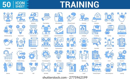 Training  icon set collection editable stroke concept of, practice, seminar, workshop, team building, office materials, personal growth, internship, simulation, and more. Illustration Eps 10