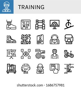 conjunto de iconos de formación. Colección de instructores, zapatos de cuero, aprendizaje en línea, levantamiento de pesas, ingeniería, ciclismo de cuerdas, zapatillas, gimnasta, habilidades, bolsa de gimnasio, guantes de boxeo, iconos de presentación