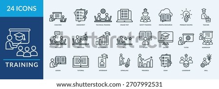 Training icon set. Containing coaching, assessment, mentor, problem solving and more. Outline vector icons collection