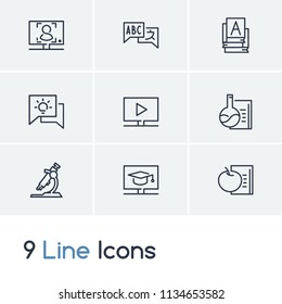 Training icon set and digital education with chemical course, academic microscope and online course. Foreign course related training icon vector for web UI logo design.
