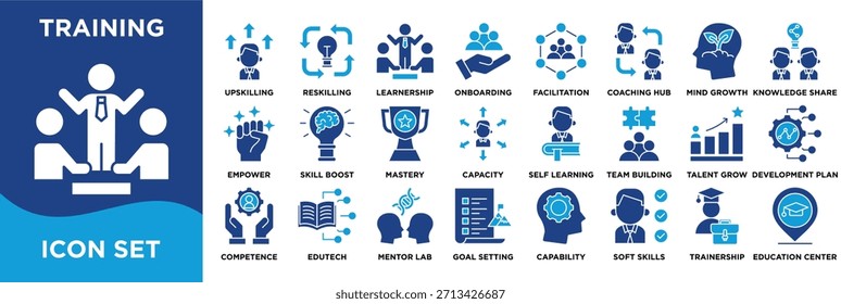 Conjunto de íconos de entrenamiento con capacitación, aprendizaje, trabajo en equipo, entrenamiento, crecimiento del talento y Elementos educativos. Vector azul