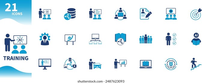 Training icon. Set of icons for training AI, artificial intelligence, education, teamwork, learning, technology. Solid vector icons.