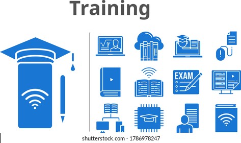 training icon set. included cloud, exam, chip, study, audiobook, professor, smartphone, ebook, school, book, training, click icons. filled styles.