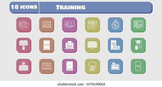 training icon set. included homework, learn, learning, training, cloud library, student-smartphone, exam, professor, student-laptop icons on white background. linear, filled styles.