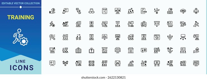 Training icon set in linear style. Related to coaching, workshop, education, teamwork, career, learning, teaching and more. Teaching icon set. Thin icons set. Vector illustration.