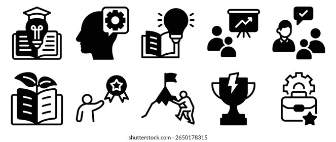 Training Icon Set Solid Style Collection representing skill development and educational activities suitable for corporate programs learning platforms and personal growth applications