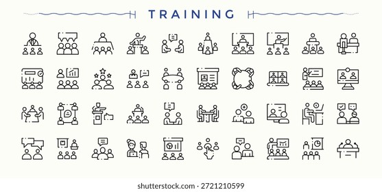 Conjunto de iconos de entrenamiento. Paquete de iconos de contorno delgado. Pack de carrera, trabajo en equipo, seminario, coaching, taller. Trazo editable. colección de Vector. Conjunto de iconos de aprendizaje en estilo lineal.