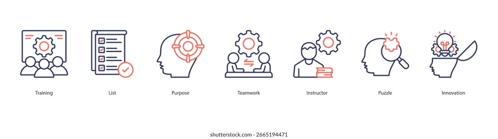 Conjunto de iconos de entrenamiento vectorFormación, Lista, Propósito, Trabajo en equipo, Instructor, Puzzle, Innovación