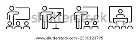 Training icon set. Workshop, business training, presentation, teacher, education, learning - stock vector.