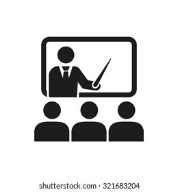 The training icon. Teacher and learner, classroom, presentation, conference, lesson, seminar, education symbol. Flat Vector illustration