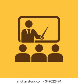 The training icon. Teacher and learner, classroom, presentation, conference, lesson, seminar, education symbol Flat Vector illustration